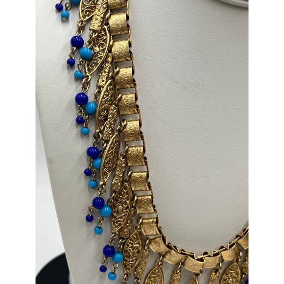 Vintage Etruscan Revival Victorian Era  Filigree Dangle Book Chain Bib Necklace - Picture 2 of 10